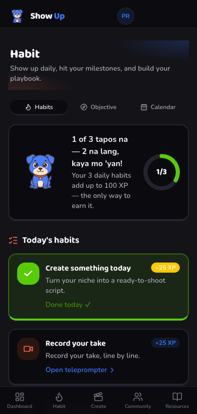 Inside the Show Up app — your daily habit hub with Uppy